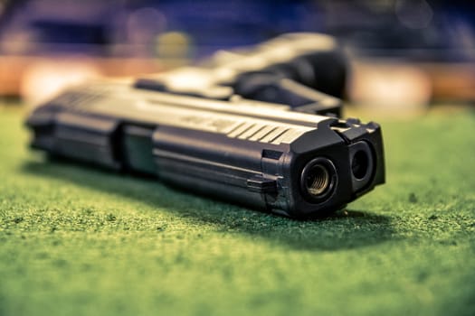 Black Combat Pistol Gun Shop Store Dealing Countertop Weapons Dangerous Sales Felt Surface Display