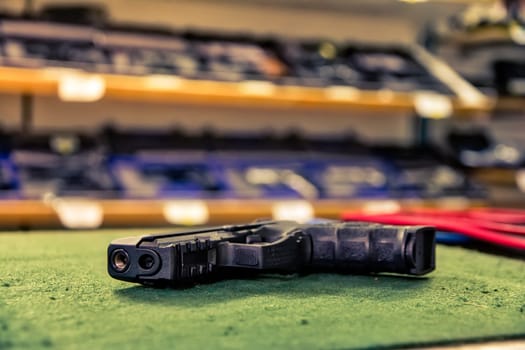 Black Combat Pistol Gun Shop Store Dealing Countertop Weapons Dangerous Sales Felt Surface Display