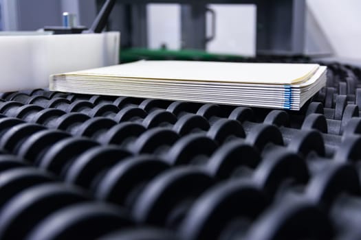 Blank Book Block Pages Production Conveyor Belts Being Transported Finishing Binding Factory Line