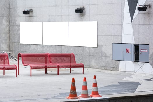 City Blank Ad Space Red Benches Subway Station Far Wall