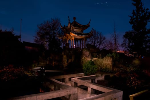 Chinese Tower Garden Building Temple Stuttgart Night Time Glowing Fantasy Park Outdoors Path Rocks Water Sunset Moon