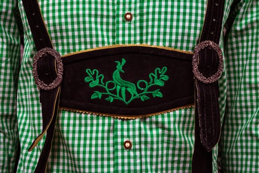Traditional German Lederhosen Center Chestpiece Closeup Leather Plaid Dress Green White
