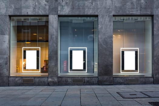 Three Blank Advertisements Shop Window Isolated White Stone Building Wall Public Mock Up