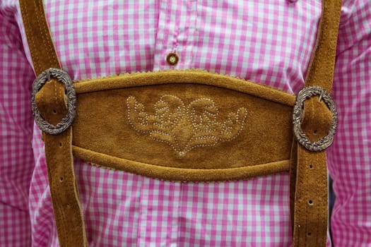 Traditional German Lederhosen Center Chestpiece Closeup Leather Plaid Dress Pink White