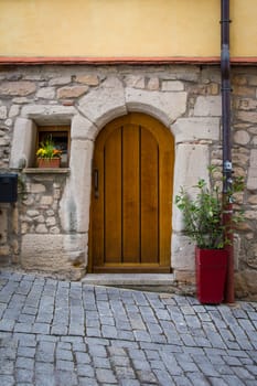 Old Vintage Cobblestone Alley Street Door Entrance Wooden Design Colors Italy Flowers Tiny House Cute