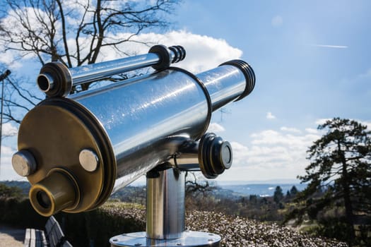 Tourist Telescope Eyepiece Travel Tourist Destination Landscape Magnification Looking View Beautiful Day Blue Sky Metal Chrome Clean