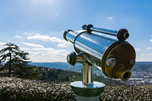 Tourist Telescope Eyepiece Travel Tourist Destination Landscape Magnification Looking View Beautiful Day Blue Sky Metal Chrome Clean
