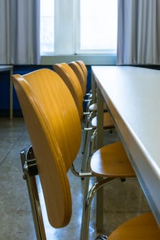 Empty Wooden Chairs at Tables Depth of Field Lecture Hall Nobody Green Chalkboard University Education College Higher Single Seat