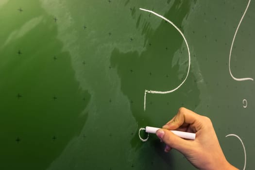 Female Hand Teacher Writing on Green Chalkboard Professor University White Chalk College Education Lesson Question Mark