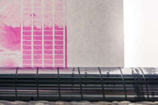 Flexography Backlit Proofing Web Roller Preview Test Calibration Closeup Press Machine Industrial Running Magenta Quality Sheet Material