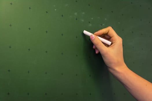Female Hand Teacher Writing on Green Chalkboard Professor University White Chalk College Education Lesson Blank Copyspace