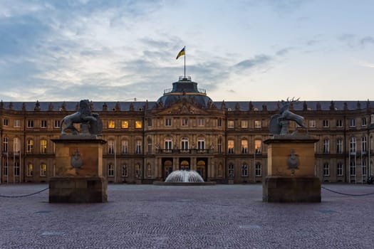 Stuttgart Schlossplatz Neues Schloss Closeup Entrance Empty Parking Lot Afternoon Sunset Twilight Germany City Architecture