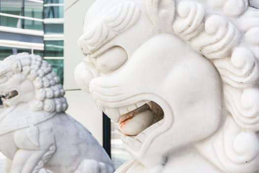 Chinese Lion Statue Restaurant Entrance White Stone
