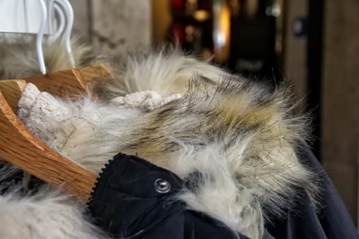 Furry Jacket Coat Collar Closeup Winter Cold Weather Fashion on Rack in Store