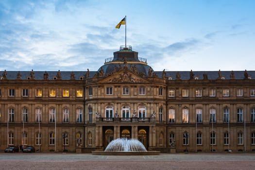 Stuttgart Schlossplatz Neues Schloss Closeup Entrance Empty Parking Lot Afternoon Sunset Twilight Germany City Architecture