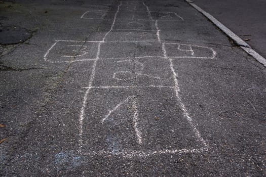 Hop Scotch Board Chalk Numbers One Fade Out Detail Children Game Childhood Pink Road Sidewalk Outdoors Real