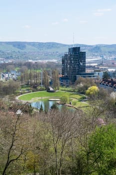 Killesberg Park Pond Glass Tower Hill Mountains Stuttgart Germany Landscape Beautiful Day Blue Sky Trees Green