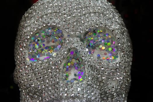 Halloween Sequin Skull Skeleton Head Decoration Closeup Black Background Isolated