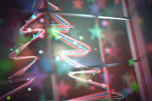 3D illustration. Christmas tree through the window. Outline of a Christmas tree with neon light.