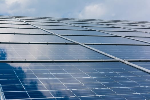 Solar Panels Closeup Blue Technology Clear Sunny Day Clouds Reflection Green Energy Real