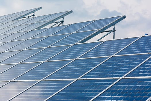 Solar Panels Closeup Blue Technology Clear Sunny Day Clouds Reflection Green Energy Real
