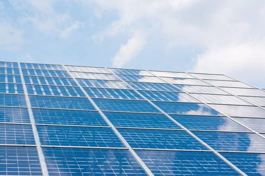 Solar Panels Closeup Blue Technology Clear Sunny Day Clouds Reflection Green Energy Real