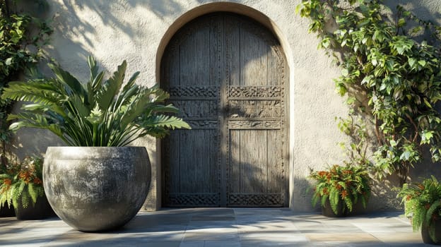 A stunning entrance showcases a large wooden door framed by vibrant green plants. Lush foliage and a decorative pot enhance the peaceful garden atmosphere during daylight.