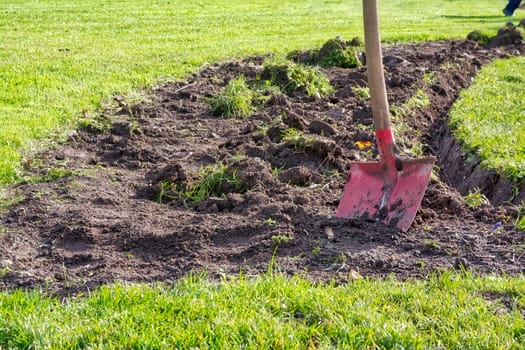 Shovel Stuck Dirt Grass Construction Landscaping Maintenance Red