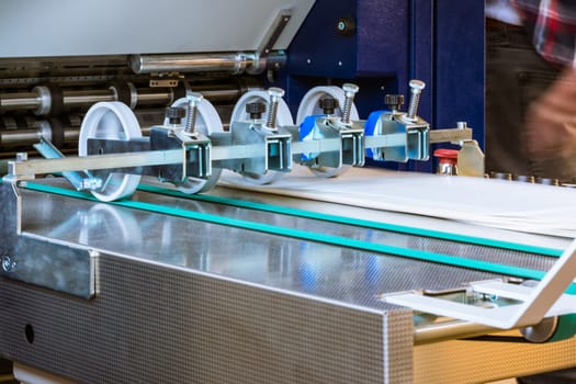 Paper Folding Machine Rollers Conveyor Belt Output Feed Printing Industry Press Production Working Blur