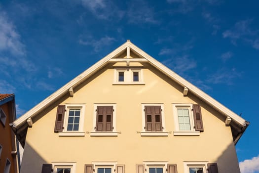Simple European Cottage Facade Blue Sky Sunset Straight On Front