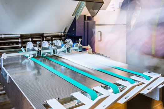 Paper Folding Machine Rollers Conveyor Belt Output Feed Printing Industry Press Production Working Blur