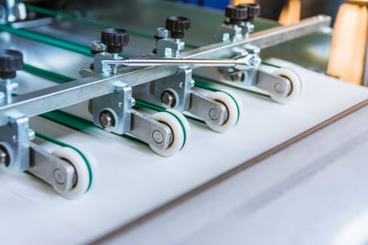 Paper Folding Machine Transfer Wheels Rollers Print Production Letter Sheet Moving Screws Adjustments Closeup