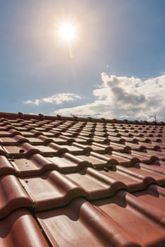 European Brand New Orange Clay Roof Tiles Sunshine Outside Daytime House