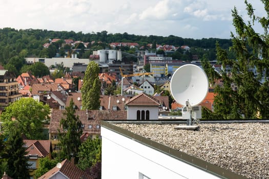 Outdoor Home Satellite Dish Rooftop Commercial Object Isolated Focus over City