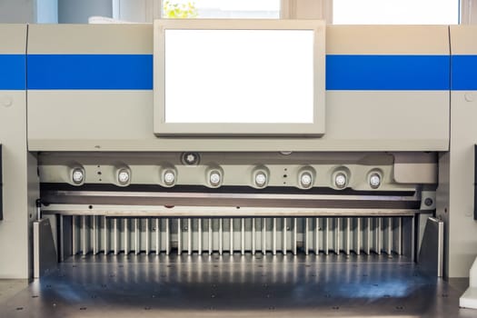 Paper Trimmer Machine Trimming Print Production Industrial Machinery Blade Guillotine Idle Empty Blank Screen