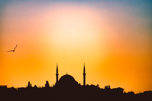 Ottoman imperial mosque silhouette at sunset in Istanbul, Turkey. Sky in background with city skyline.