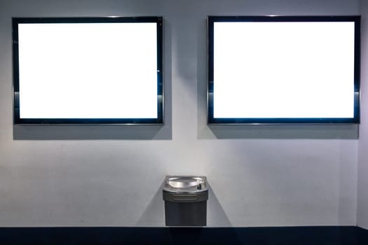 Double Advertisement Billboard Mockups over Water Fountain Public Wall