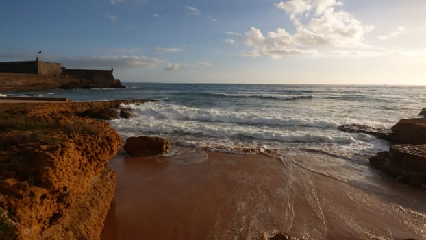Ocean Tide Shore Landscape Sunset Movement Rocks Cliffs Vacation Destination
