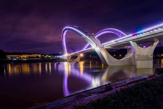 Nanning, China Bridge into Night Time Landscape Long Exposure
