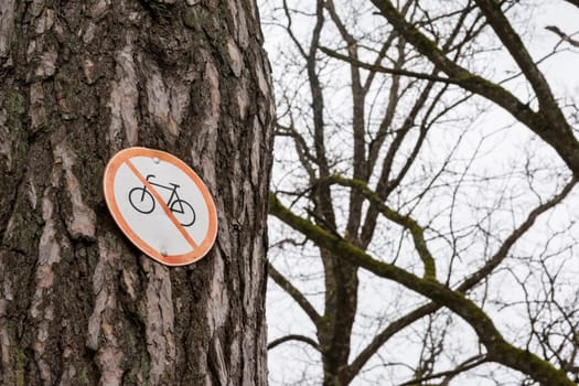 No Bicycle Sign Tree Pinned Bark Park Path Red White