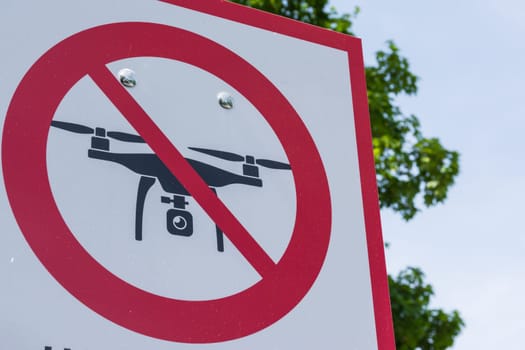 No Drone Zone Sign Cross Red White Metal Real Outdoors Tourist Location Entry Warning
