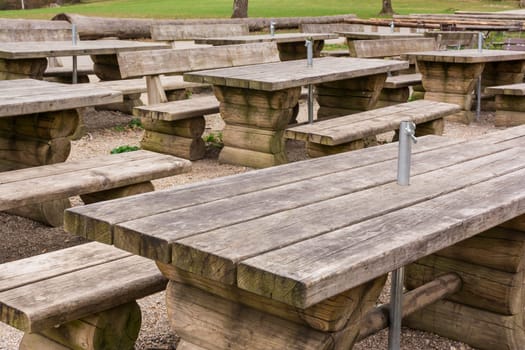 Outdoors Restaurant Wooden Tables Path Green Forest Park Empty Nobody