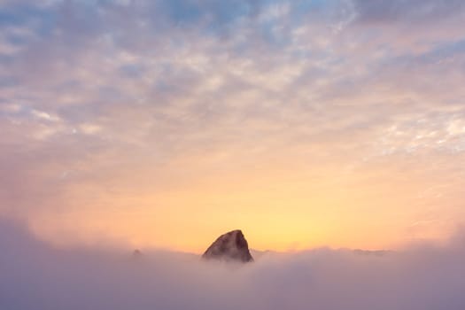 Mountain Peaks in Cloudy Sunrise Foggy Landscape Yangshuo