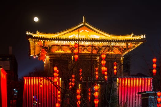Ancient Chinese Temple Architecture Illuminated City Festival Celebration Lights Xi'an, China