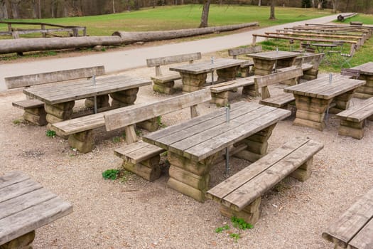 Outdoors Restaurant Wooden Tables Path Green Forest Park Empty Nobody