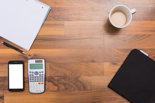 Notebook Desk Empty Pens Writing Education Work Coffee Brown Office Objects Background