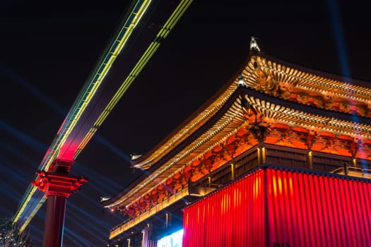 Ancient Chinese Temple Architecture Illuminated City Festival Celebration Lights Xi'an, China