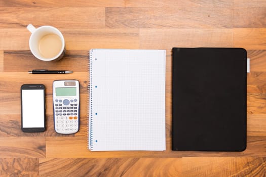 Notebook Desk Empty Pens Writing Education Work Coffee Brown Office Objects Background