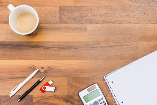 Notebook Desk Empty Pens Writing Education Work Coffee Brown Office Objects Background