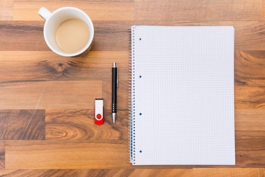 Notebook Desk Empty Pens Writing Education Work Coffee Brown Office Objects Background